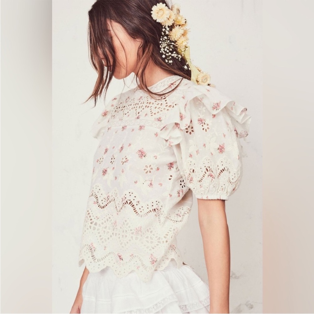 Loveshackfancy Tilda Embroidered Eyelet Short-sleeve Top J1